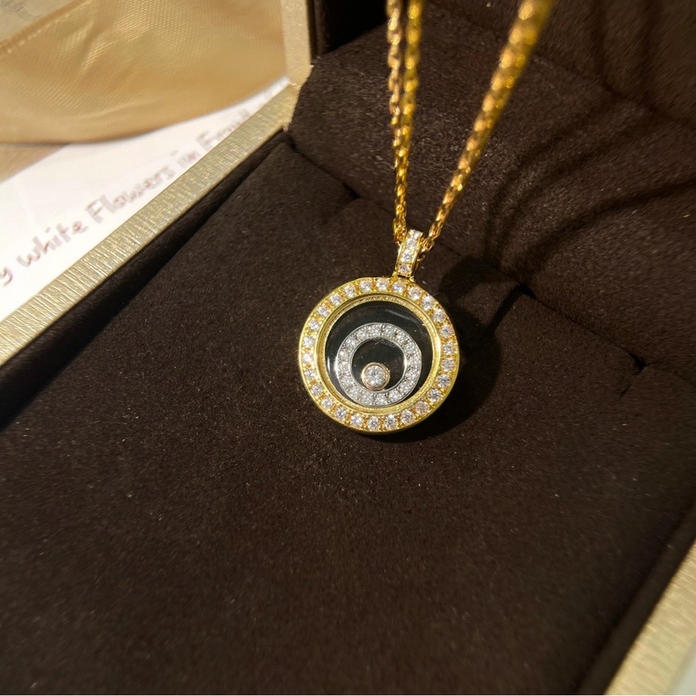 Chopard Gold-Tone Circular Pendant Necklace with Clear Crystals